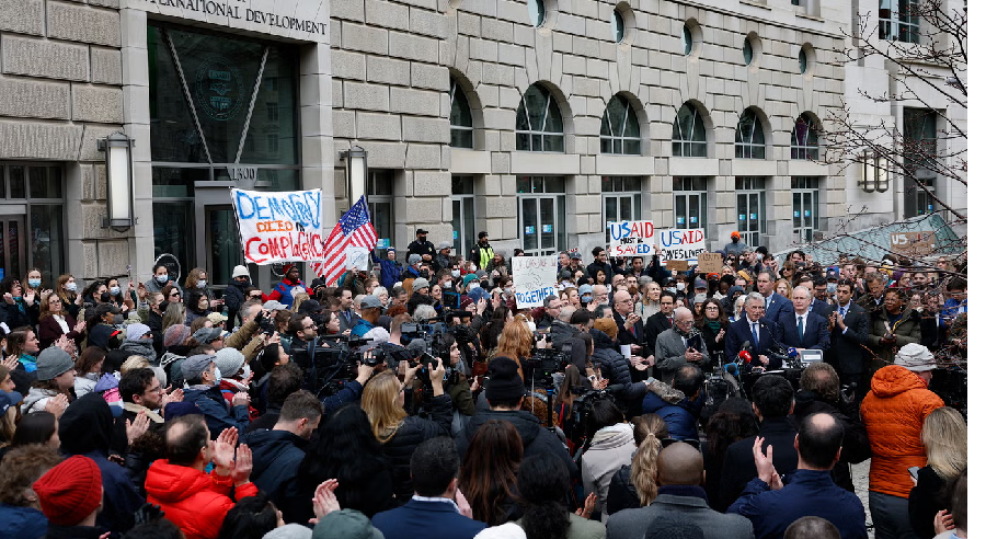 Democratic lawmakers protest in front of USAID headquarters