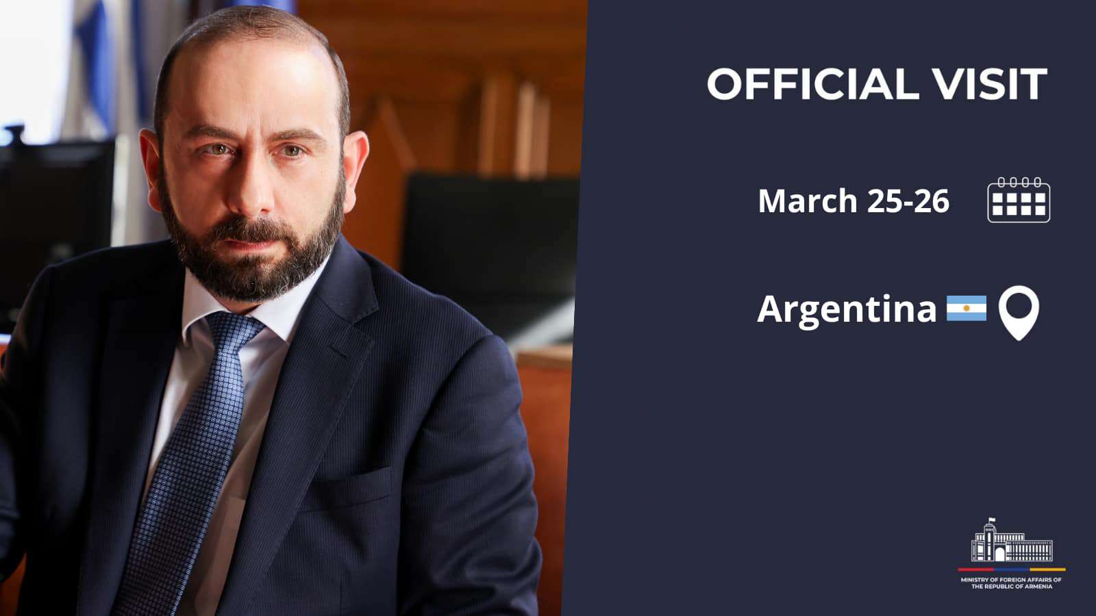 Mirzoyan will be on an official visit to Argentina with Uruguay