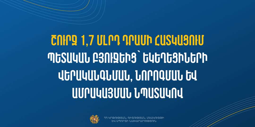 Շուրջ 1,7 մլրդ դրամի հատկացում պետական բյուջեից՝ եկեղեցիների վերականգնման, նորոգման և ամրակայման նպատակով