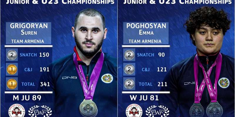 Youth weightlifting, U23, and U20 Suren Grigoryan, gold medalist; Emma Poghosyan, silver medalist