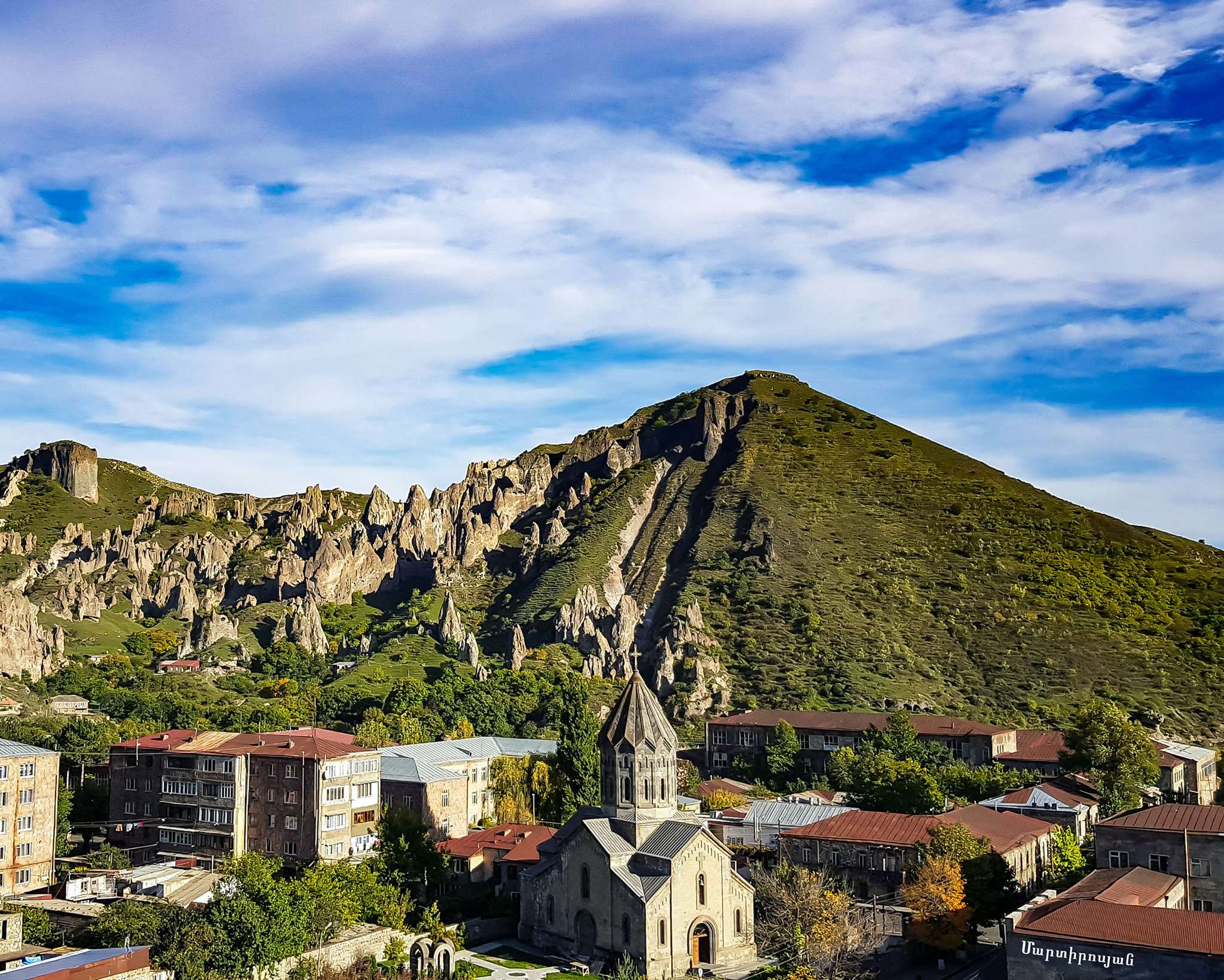 A residential house was damaged by shelling in Goris